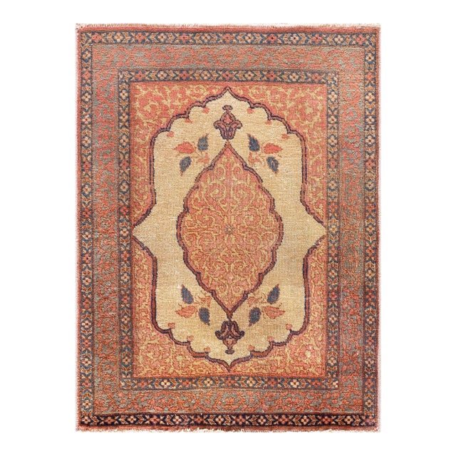1880s Salmon Medallion Antique Persian Tabriz Haji Jalili Rug 1'9" X 2'3" Handknotted Wool Carpet For Sale