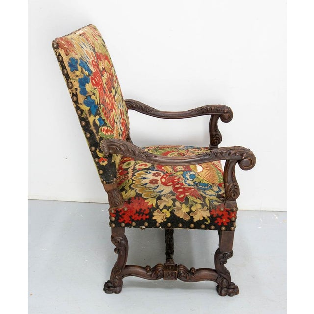 Textile English Victorian Walnut Armchair with Lion Paws Feet, Late 19th Century For Sale - Image 7 of 15