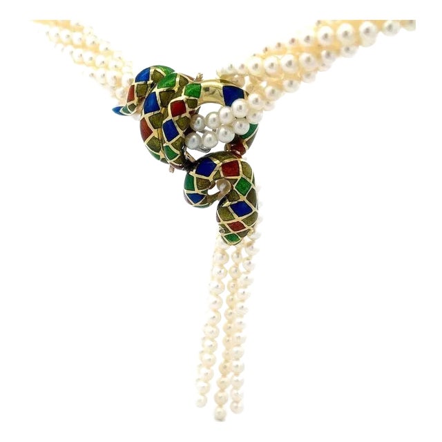 14k Enamel Diamond Snake Pendant 6 Strand Pearls Yellow Gold Necklace For Sale