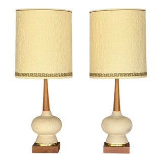 1960s Mid-Century Modern Textured Ceramic & Walnut Table Lamps With Original Tall Drum Shades - Pair For Sale