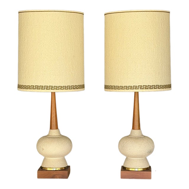 1960s Mid-Century Modern Textured Ceramic & Walnut Table Lamps With Original Tall Drum Shades - Pair For Sale