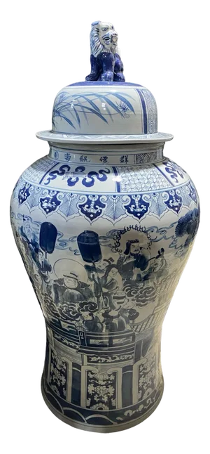 Mansion Size Chinoiserie B & W Porcelain Ginger Jar W/Figures 47" H