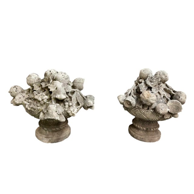 Stone Gray Pair of Vintage Cast Stone Fruit Basket Garden Finials For Sale - Image 8 of 12