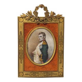 Antique Napoleon Miniature Portrait in Empire Style Ormolu Frame, Signed For Sale