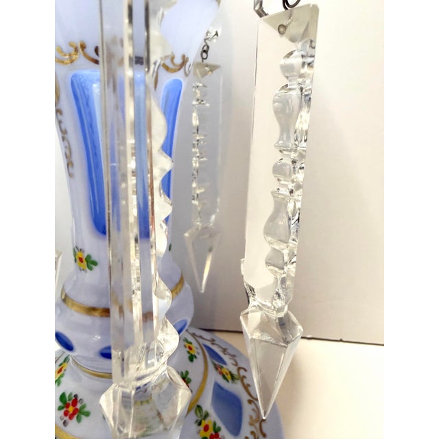 Early 19th Century Antique Bohemian Czech Victorian Blue Opaline Glass Enamel Floral Lusters Pair For Sale - Image 5 of 12