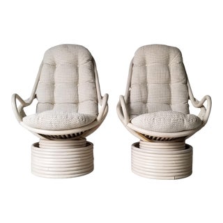 Vintage Paul Frankl Style Swivel Rattan Lounge Chairs - a Pair Sold For Sale