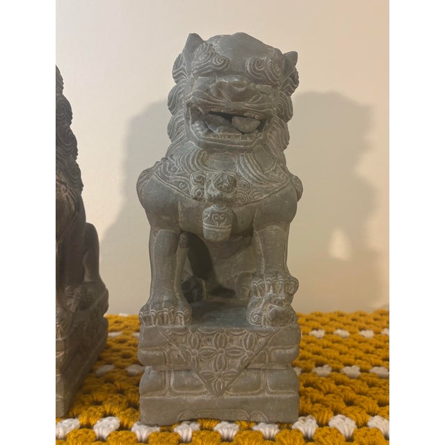 Gray Vintage Hand Carved Stone Foo Dogs Guardian Lions, Pair, Asian Garden Sculptures For Sale - Image 8 of 8