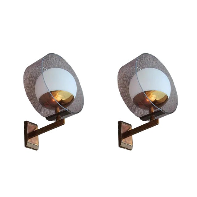 Mid-Century Modern Acrylic Glass and Brass Wall Sconces from Stilux Milano, 1960s, Set of 2 For Sale
