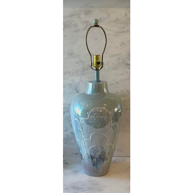 Vintage 1980s Raku pottery table lamp with a beautiful iridescent pastel blue, green and purple crackle finish and...