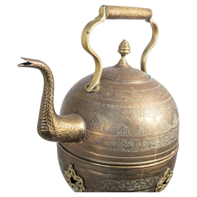 Monumental Moroccan Engraved Brass Tea Kettle on Stand For Sale - Image 11 of 17