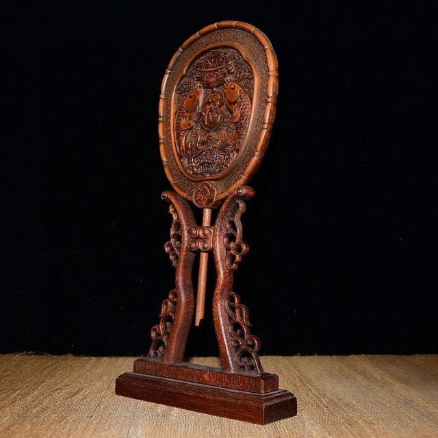 Art Deco Vintage Boxwood Table Screen With Double Fish and Treasure Motif For Sale - Image 3 of 7