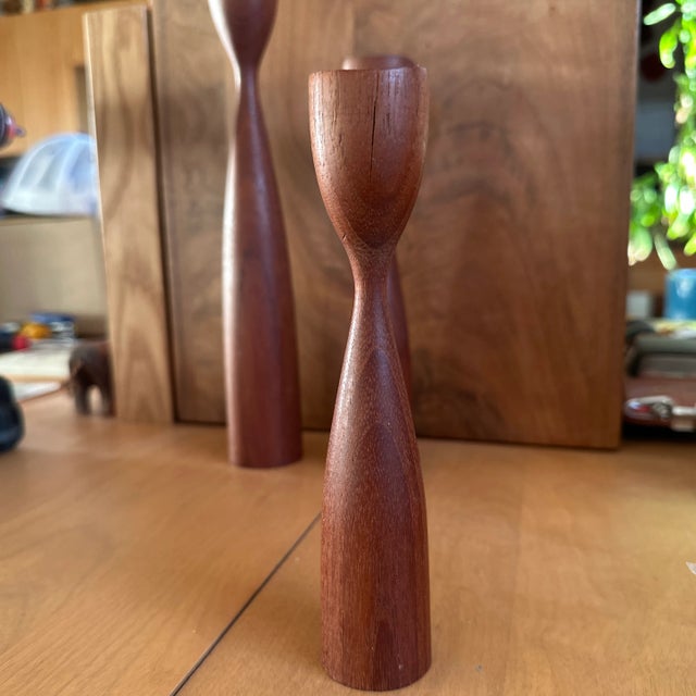 Mid-Century Modern Midcentury Modern Danish Teak Tulip Candlesticks- Set of 3 For Sale - Image 3 of 7