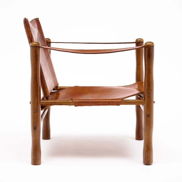 Mid-Century Modern Wood and Cognac Leather Safari Armchair For Sale - Image 4 of 9