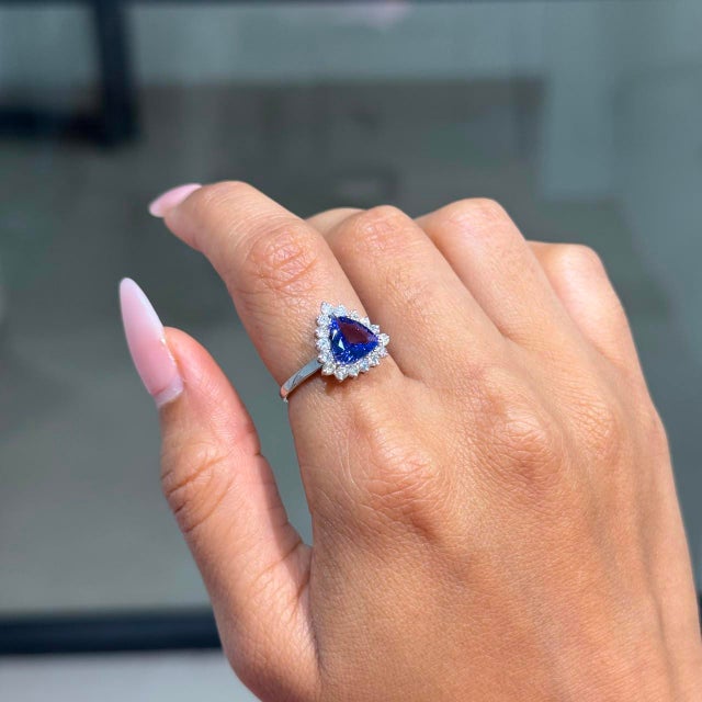 Not Yet Made - Made To Order Victorian 1.38ct Trillion-Cut Tanzanite & Diamond Halo Ring 18k White Gold Size 4 For Sale - Image 5 of 16