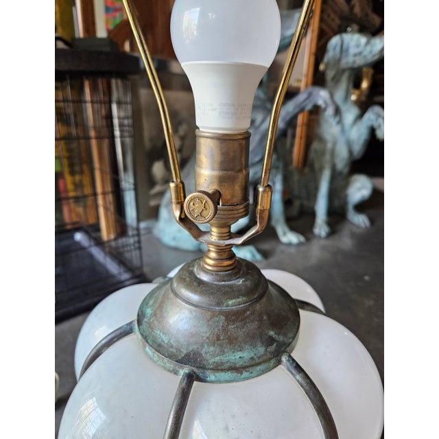 Sarreid Italian Bronze Caged Murano White Glass Lamps - a Pair For Sale - Image 9 of 12