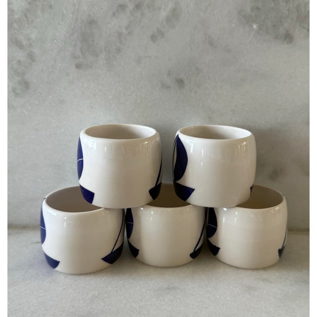 Late 20th Century Set of 5 Ceramic Blue and White Napkin Rings With Boat Design For Sale - Image 5 of 7