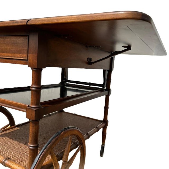Vintage Wood Rolling Bar Cart by Hekman With Faux Bamboo, Woven Rattan, Large Wheels and Expanding Drop Leaf Table Top For Sale In Naples, FL - Image 6 of 11