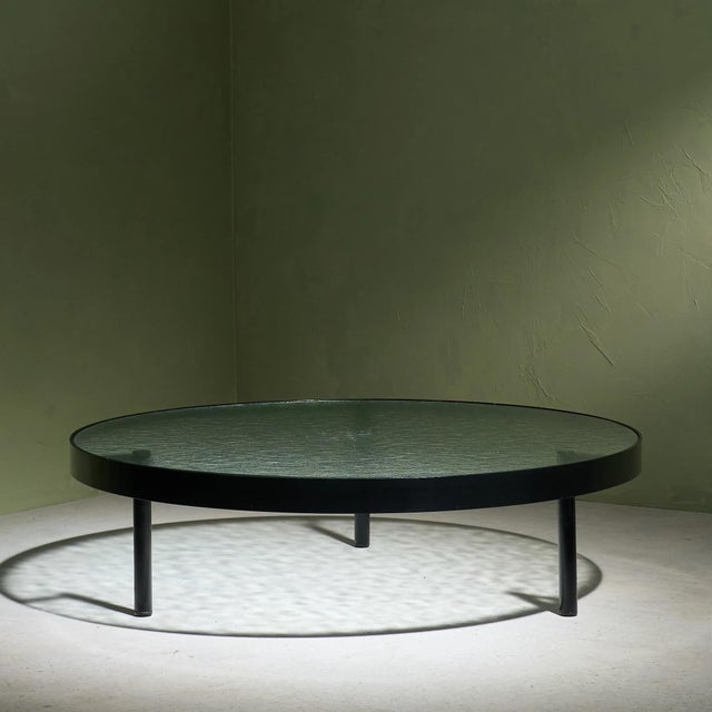 Industrial Black Round Coffee Table with Structured Glass Top by Janni van Pelt, Netherlands, 1960s For Sale - Image 3 of 10