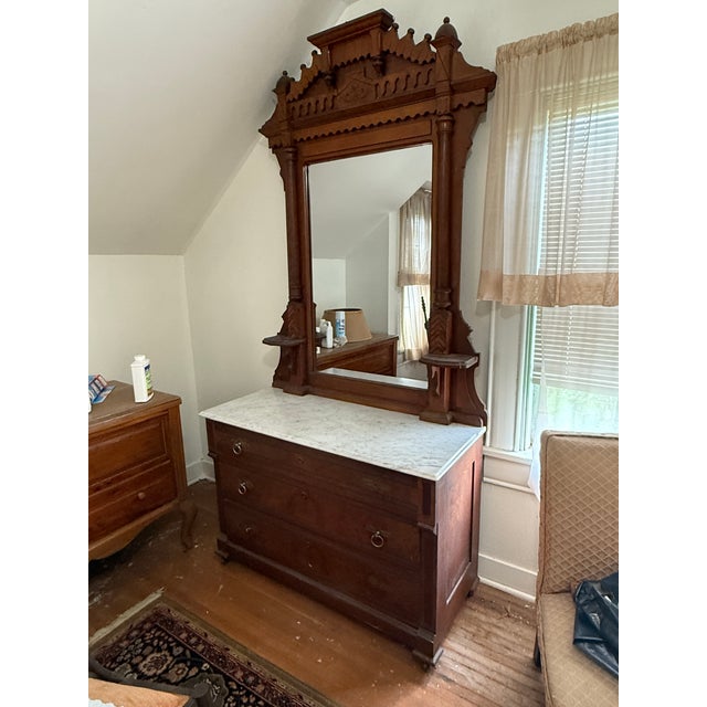 1930s Victorian Style Walnut Dresser With Marble Top and Standing Mirror For Sale - Image 6 of 7