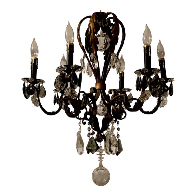 1950s French Iron & Crystal Chandelier For Sale
