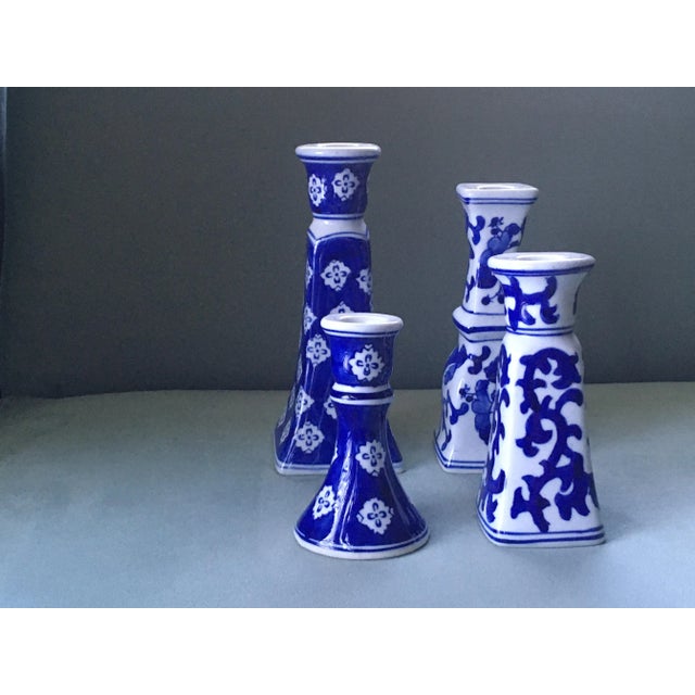 Vintage Blue & White Patterned Candlesticks- Set of 4 For Sale - Image 4 of 11
