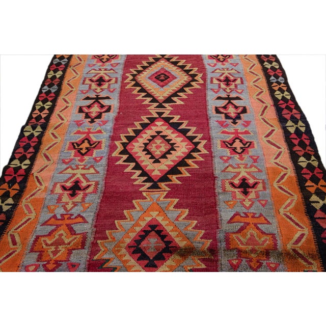 Tribal Vintage Kilim Red Handmade Flatweave Tribal Motif Wool Runner For Sale - Image 3 of 10