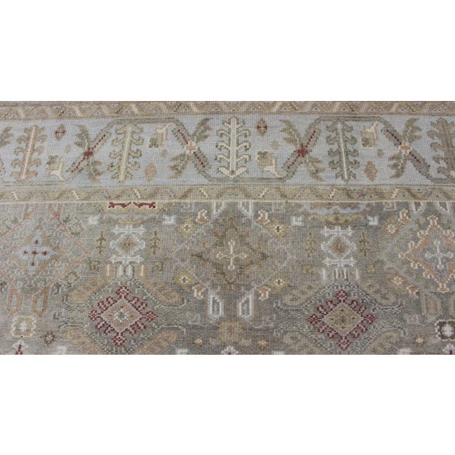 Modern Oushak Muted Rug in Greens, Tan, Lt. Blue, and Rusty Red For Sale - Image 10 of 13