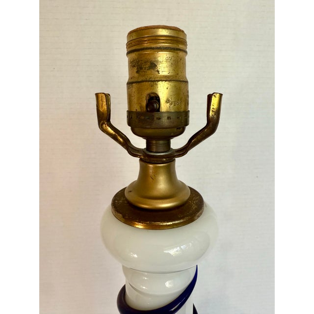 Metal Art Deco Murano Style Milk Glass & Cobalt Blue Swirl Art Glass Table Lamp For Sale - Image 7 of 12