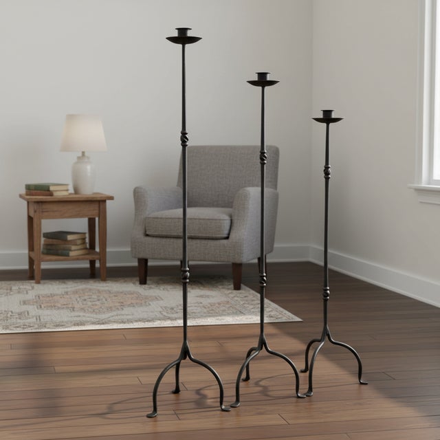 Rustic Hand Forged Iron Candelabra Set of 3 (93-113cm) Antique Copper Finish Slender Stem with High Arched Base For Sale - Image 3 of 6