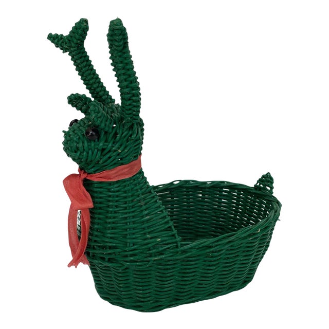 1960s Small Green Wicker Snail Basket With Ribbon Collar For Sale