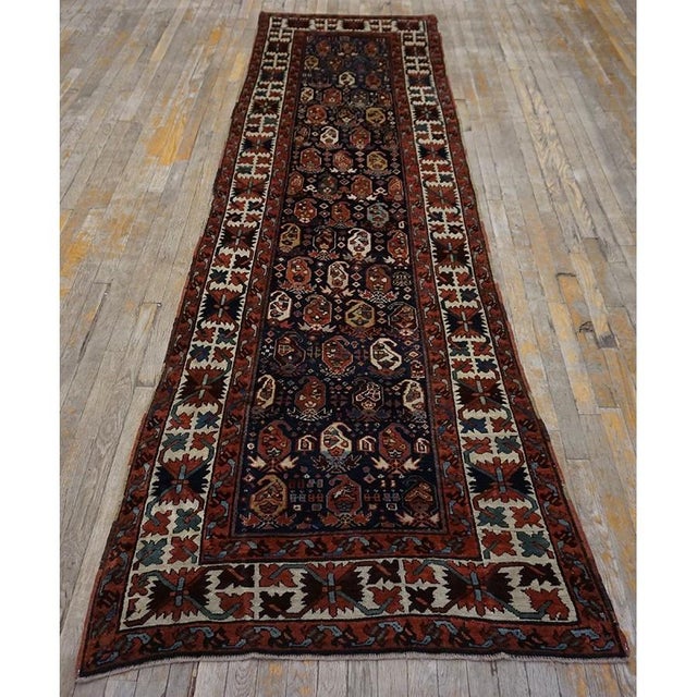 Textile Antique Caucasian Blue Tribal Paisley Wool Hallway Runner Kazak Rug For Sale - Image 7 of 9
