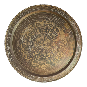 Vintage Oversized 36″ Hand-Engraved Brass Tray With Bird & Floral Motifs