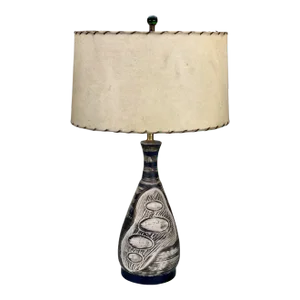Mid-Century Atomic Abstract Sculpted Ceramic Table Lamp W/ Fiberglass Shade