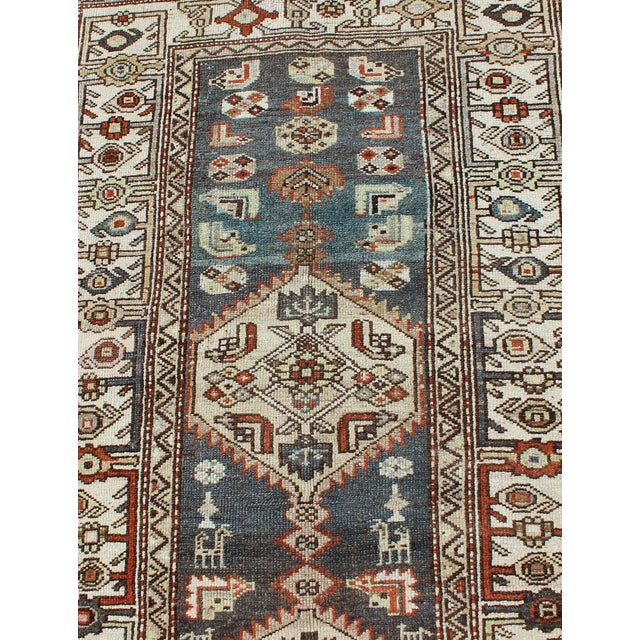 Long Persian Kurdish Runner With Medallion Design in Charcoal, Ivory and Red For Sale - Image 10 of 14