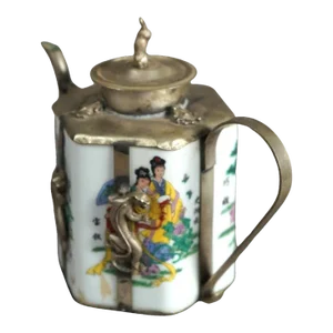 Chinese Miniature Porcelain Teapot with Silver Overlay 20th Century