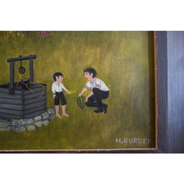 1970s 1970s Folk Art Farmhouse Landscape Scene Framed Oil on Canvas by H. Burger For Sale - Image 5 of 10