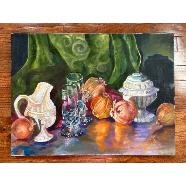 Vintage impressionist oil painting of a still life with onions and glassware. Very well done, illegible signature to the...