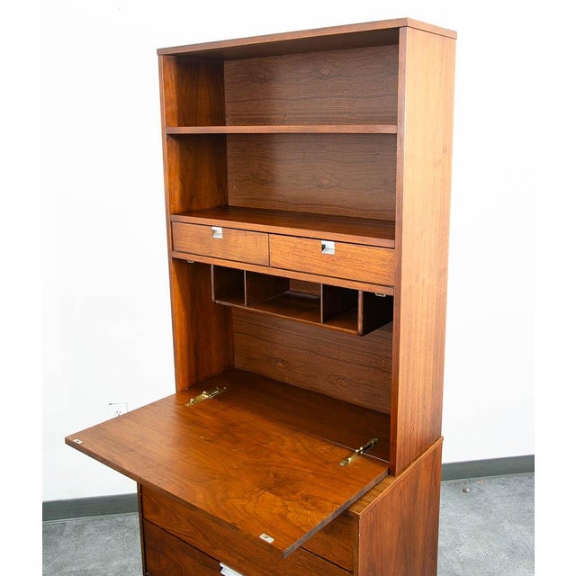 Brown Mid Century Modern China Cabinet Hutch Bassett Walnut Drop Desk Vintage Drawers For Sale - Image 8 of 12