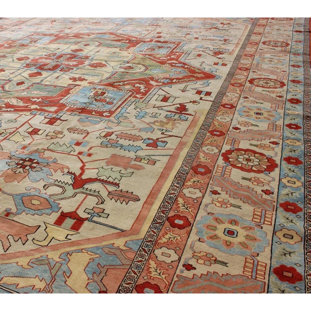 Very Large Serapi Rug With Medallion on a Cream Background Keivan Woven Arts 16'9"x28'8" For Sale - Image 4 of 12