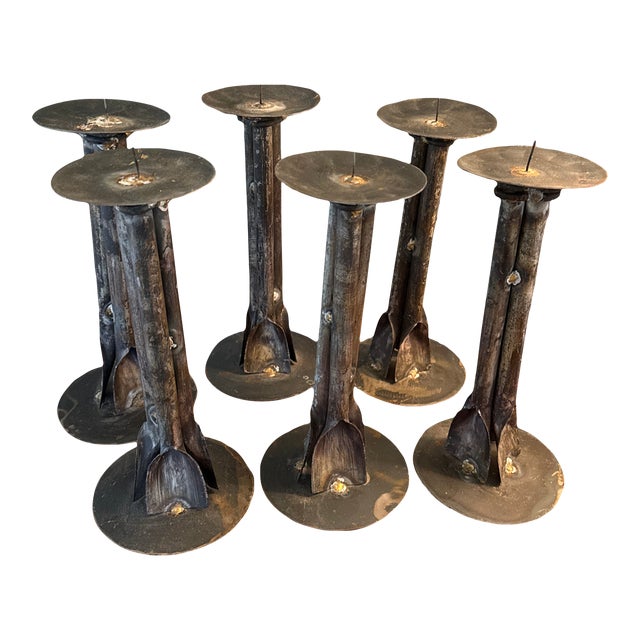 Italian Studio 1960s Brutalist Iron Candlesticks Set For Sale