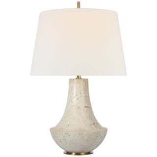 Thomas O'Brien by Visual Comfort Signature Kefi 25" Table Lamp in Natural Travertine with Linen Shade For Sale