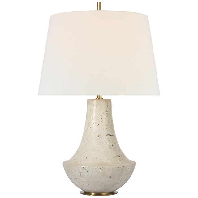 Thomas O'Brien by Visual Comfort Signature Kefi 25" Table Lamp in Natural Travertine with Linen Shade For Sale