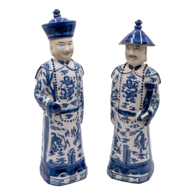 Pair of Vintage Chinese Blue & White Porcelain Chinese Emperor Figures For Sale