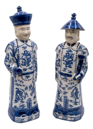 Pair of Vintage Chinese Blue & White Porcelain Chinese Emperor Figures