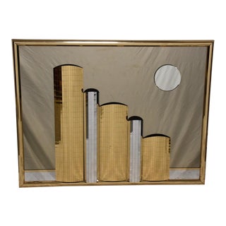 1980s Chrome & Brass Modern Cityscape Mirror For Sale