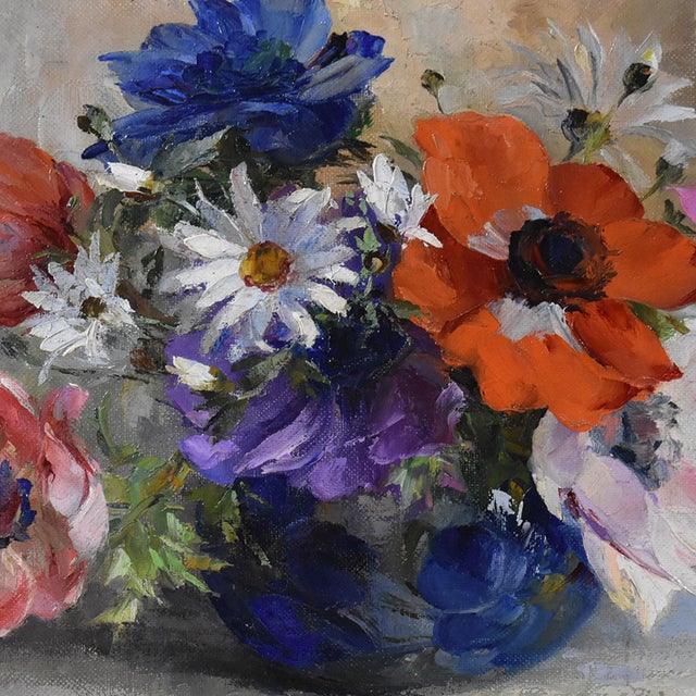Georges Danset, Anemones and Daisies, Oil on Canvas, Early 20th Century, Framed For Sale - Image 4 of 10