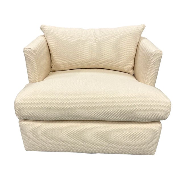 Freshly upholstered Directional swivel chair. Angled back and sides. Back cushion. Chunky thick off white cotton fabric...