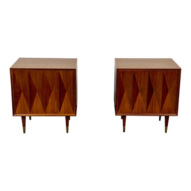 Pair of Danish Mid-Century Modern Style Geometric Nightstands, Walnut, Brass For Sale