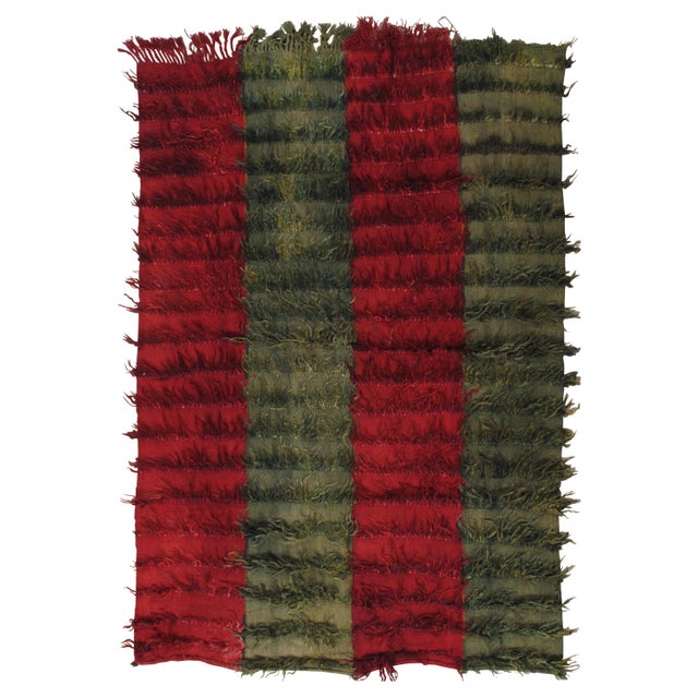 Vintage Turkish Tulu Rug, Long hair Angora wool, Green and Red For Sale - Image 13 of 13