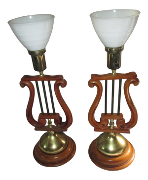 1960s Art Deco Style Lyre Harp Table Lamps With Glass Shades - a Pair